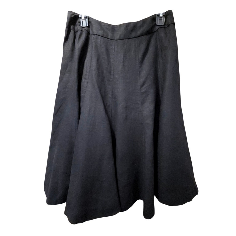 Rodier Paris Vintage Black 100% Linen Flared Midi Skirt French Size 42 US 10